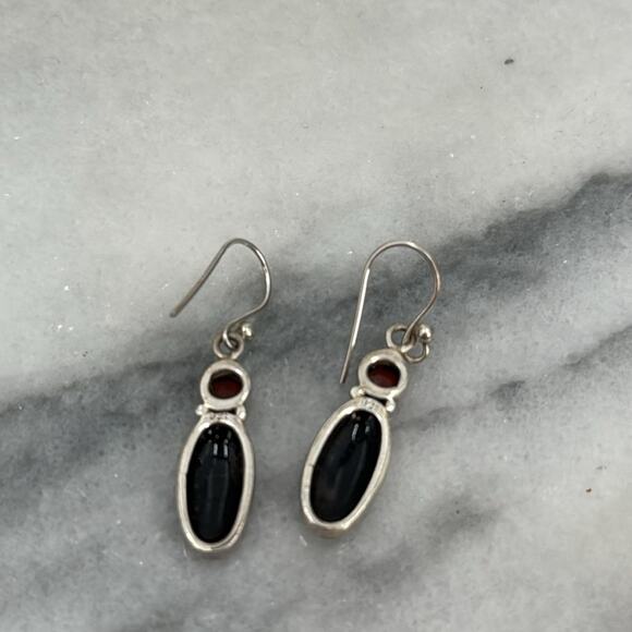 Sterling silver obsidian and amber drop earrings - Picture 3 of 5